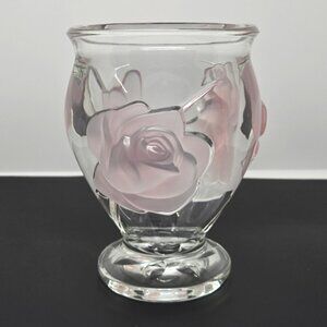 Teleflora Transparent Glass Vase with Raised Pink Frosted Roses, Made in France